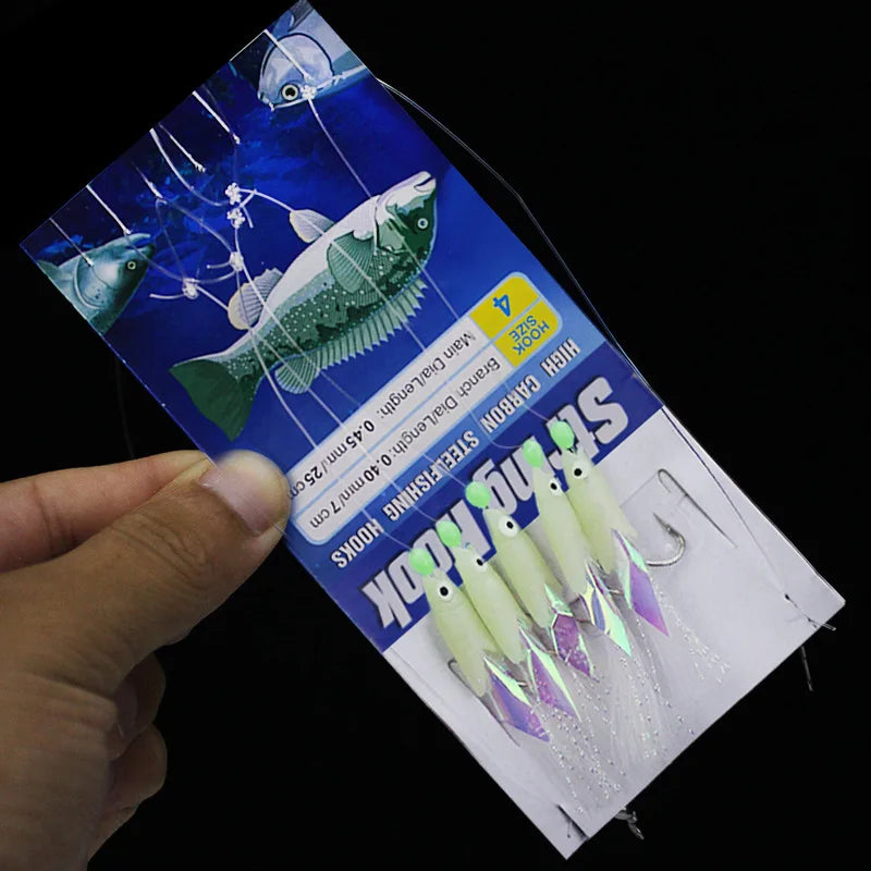 1 Set 5 Haken Sabiki Rigs Salzwasser Angelköder Köder Echte Fischhaut Schnur Haken Makrele Glow in The Dark Flash Sabiki Rigs