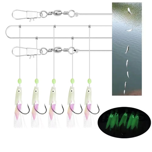 1 Set 5 Haken Sabiki Rigs Salzwasser Angelköder Köder Echte Fischhaut Schnur Haken Makrele Glow in The Dark Flash Sabiki Rigs
